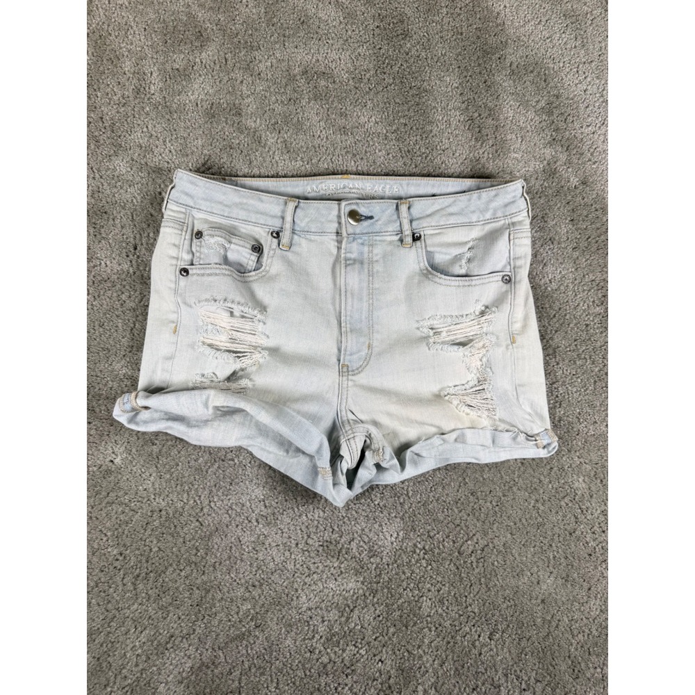 American Eagle Super Hi-Rise Distressed Denim Shorts Light Wash 12 Super Stretch